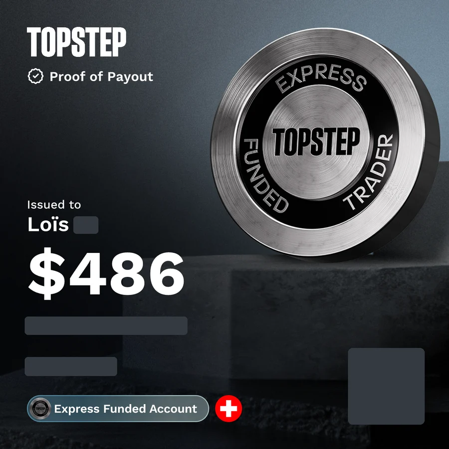 Proof of Payout Topstep de 486 $, initiale, dates et QR code masqués