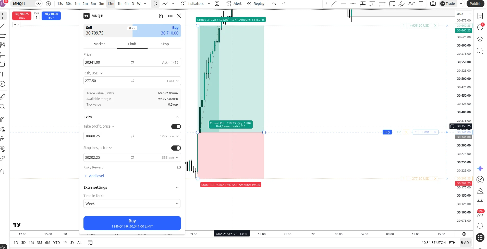 Panneau d’ordre TradingView pour un achat, avec un stop et un objectif définis avant l’envoi.
