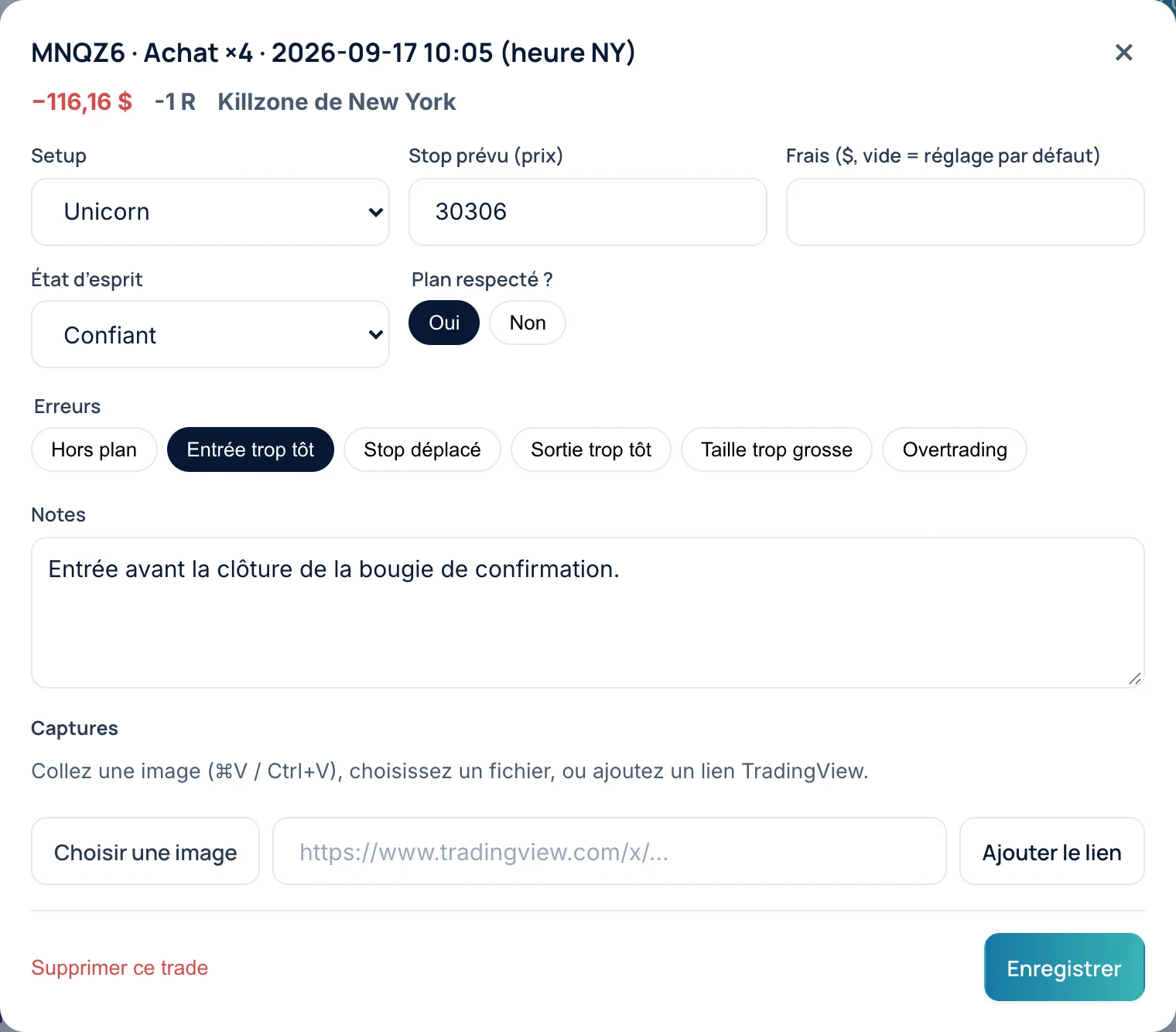 La fiche d’un trade : setup, stop, frais, état d’esprit, plan respecté, erreurs, notes et captures.