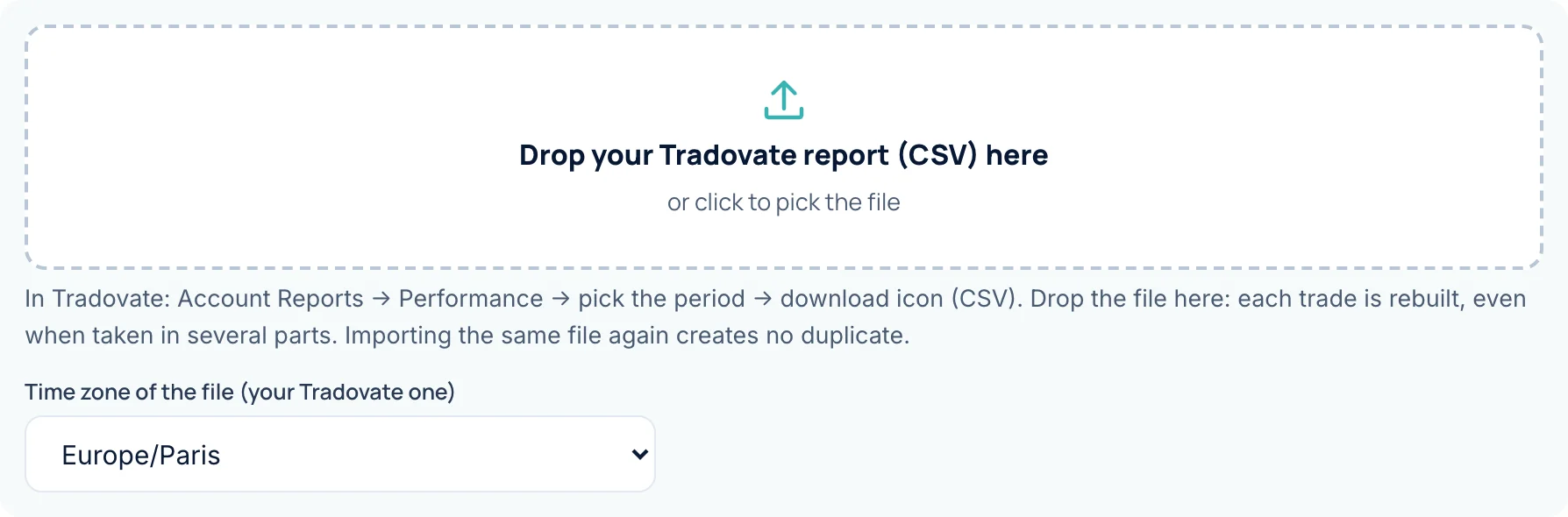 The journal import area: drop the Tradovate report as CSV, and pick the file’s time zone.