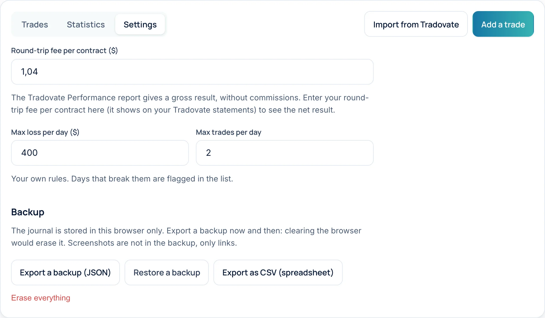 The settings: fee per contract, daily rules, backup and export.
