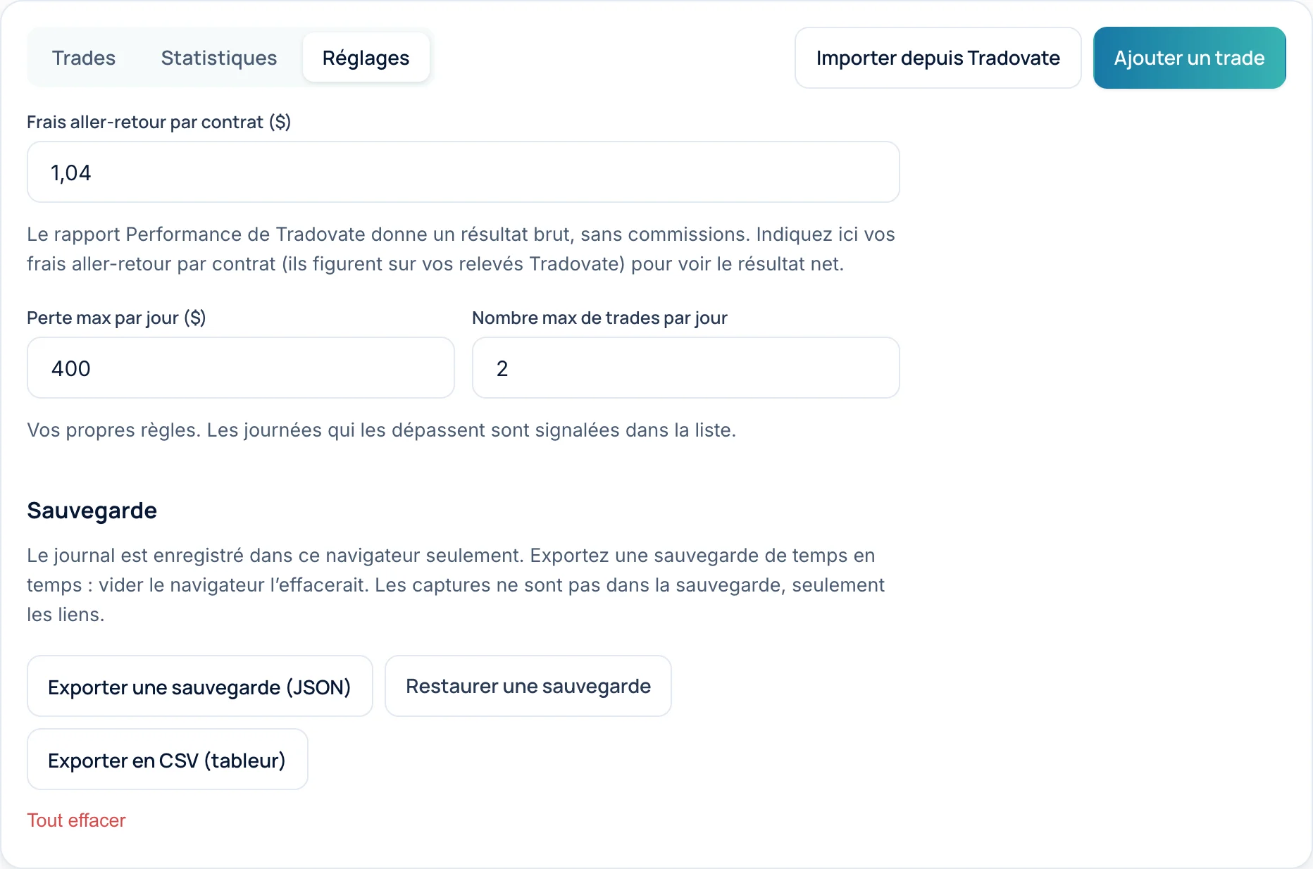 Les réglages : frais par contrat, règles du jour, sauvegarde et export.