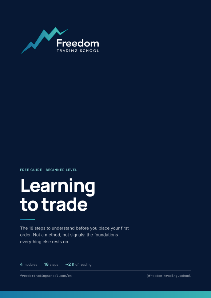 Cover of the guide “Learning to trade”: white title on a navy background, Freedom Trading School logo.