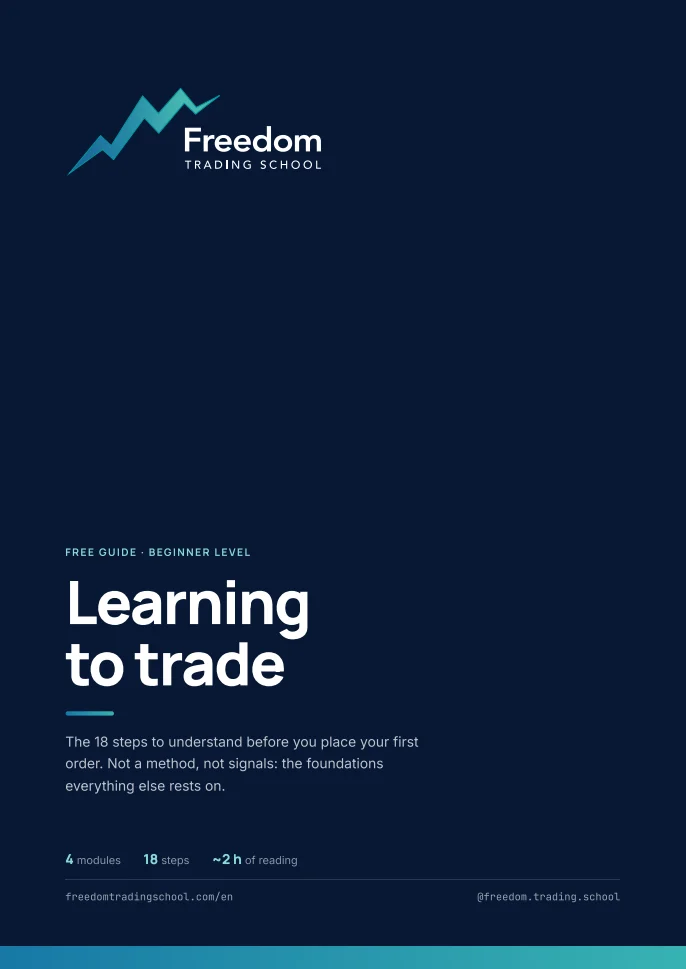 Cover of the guide “Learning to trade”: white title on a navy background, Freedom Trading School logo.