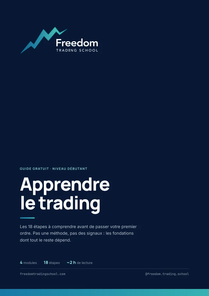 Couverture du guide « Apprendre le trading » : titre en blanc sur fond bleu nuit, logo Freedom Trading School.