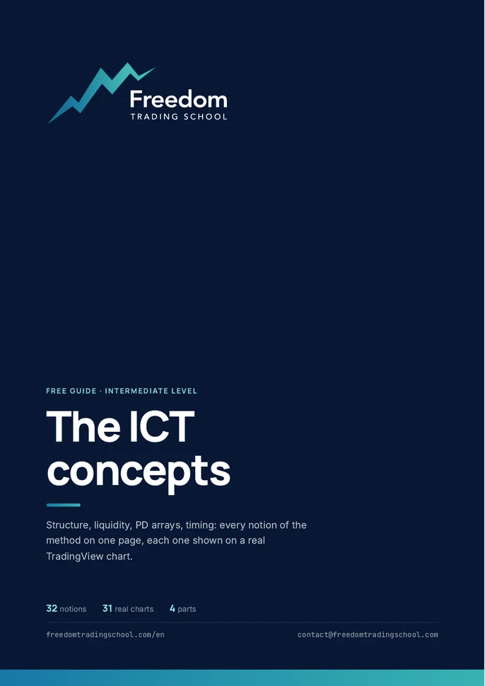 Cover of the guide “The ICT concepts”: white title on a navy background, Freedom Trading School logo.