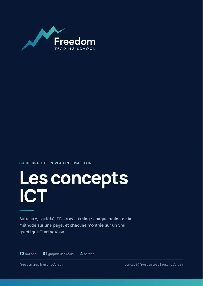 Couverture du guide « Les concepts ICT » : titre en blanc sur fond bleu nuit, logo Freedom Trading School.