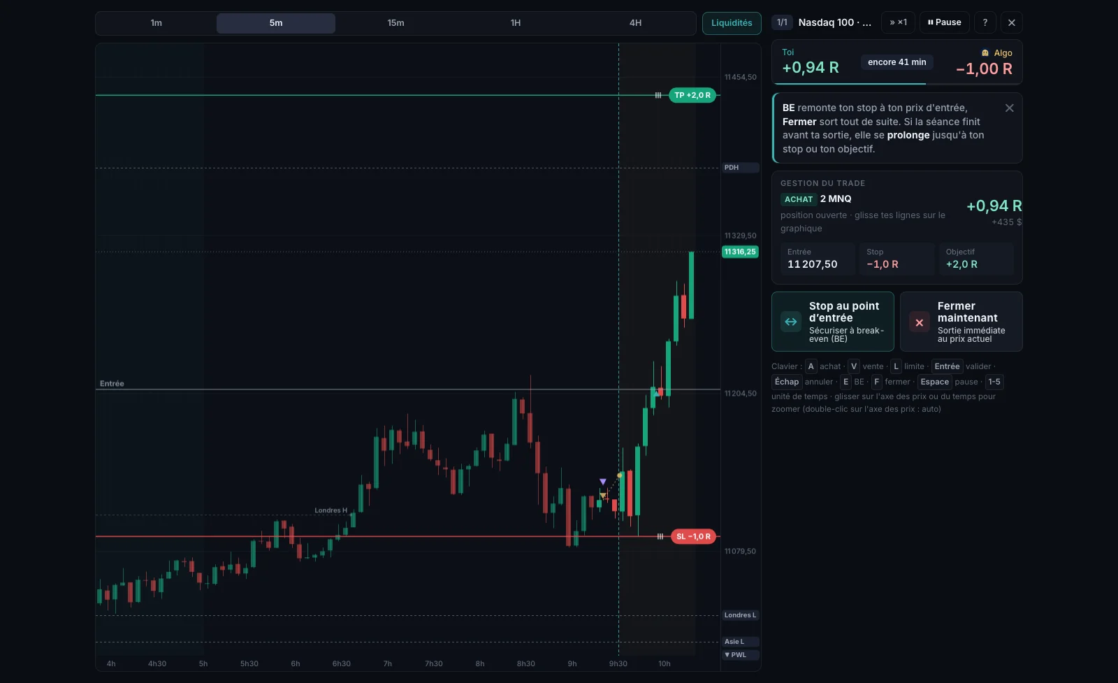 Une battle libre sur le Nasdaq en 5 minutes : un achat de 2 MNQ ouvert avec son stop et son objectif à 2 R, les liquidités marquées (Londres, Asie, veille), et le score en R face à Algo.